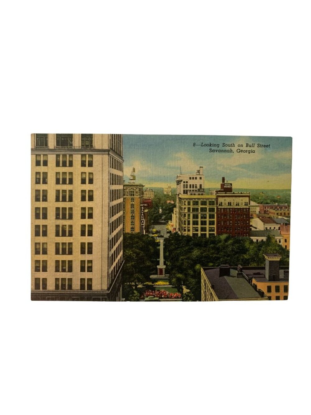 Vintage Savannah GA Bull Street Postcard Downtown Skyline Johnson Square